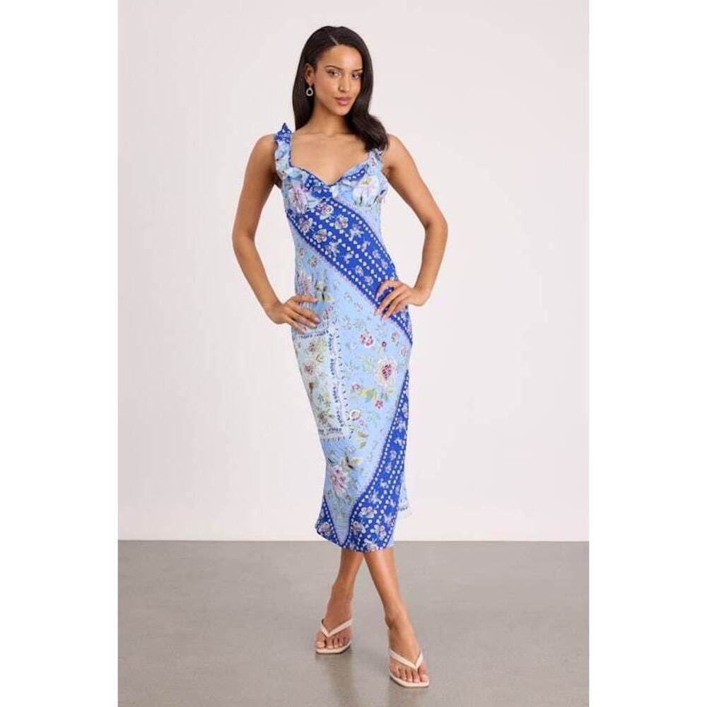 Lulus NWT Mellie Blue Floral Scarf Print Ruffled Midi Dress - Size M